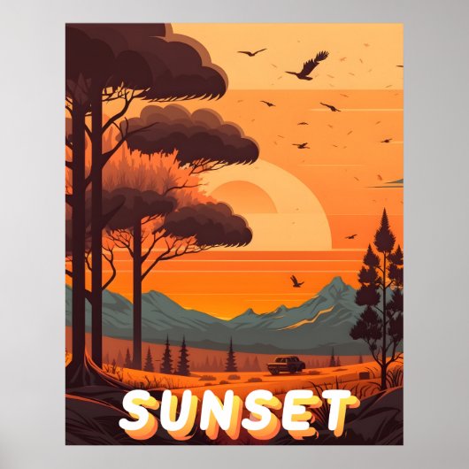 Retro Landschap Reizen Zonsondergang Art Print (Voorkant)