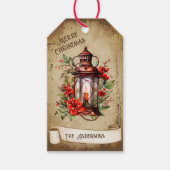 Retro  lantaarn Rood Groen Bloemen Kerstmis Cadeaulabel (Voorkant)