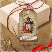 Retro lantaarn Rood Groen Bloemen Kerstmis Cadeaulabel