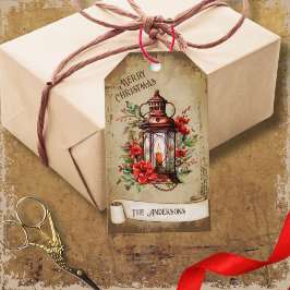 Retro  lantaarn Rood Groen Bloemen Kerstmis Cadeaulabel