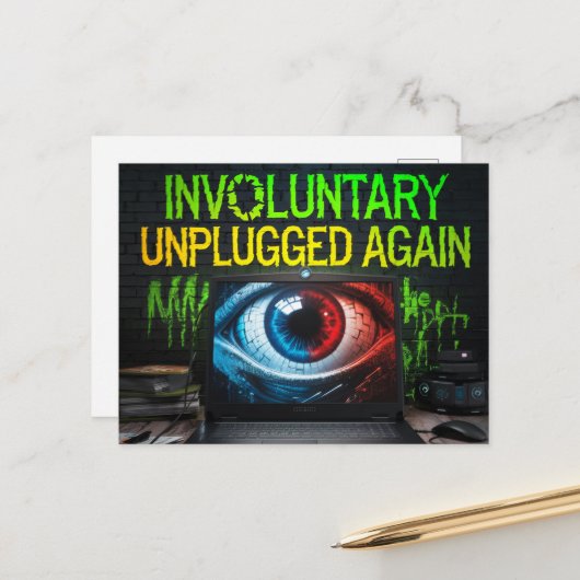 Retro Laptop Glitch weer onvrijwillig unplugged Briefkaart (Voorkant / Achterkant in situ)