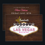 Retro Las Vegas Borduren Afdrukbare Trouwfeest Uit Kaart<br><div class="desc">Een bijgewerkte versie van mijn populaire Las Vegas borduren trouwfeest uitnodiging. Deze heeft een bewerkbare evenementnaam en decoratieve voorkant inclusief lichteffecten,  met alle feestdetails op de achterkant over een moderne houtnerf textuur. Roze accenten,  maar meer mannelijk door het hout en donkere tinten.</div>