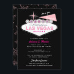 Retro Las Vegas Sign Bachelorette Party Uitnodigin Kaart<br><div class="desc">Het iconische "Welkom in Las Vegas" gebarentaal is voorzien van de tekst "Party in Las Vegas". De stijltekst van de terugkeer voor de naam van de bruid en casino naam. Retro-sterpatroonbacker is optioneel. Afgeronde hoeken zijn optioneel. Zwart,  roze en grijs kleurenschema. Andere kleurencombinaties zijn beschikbaar.</div>