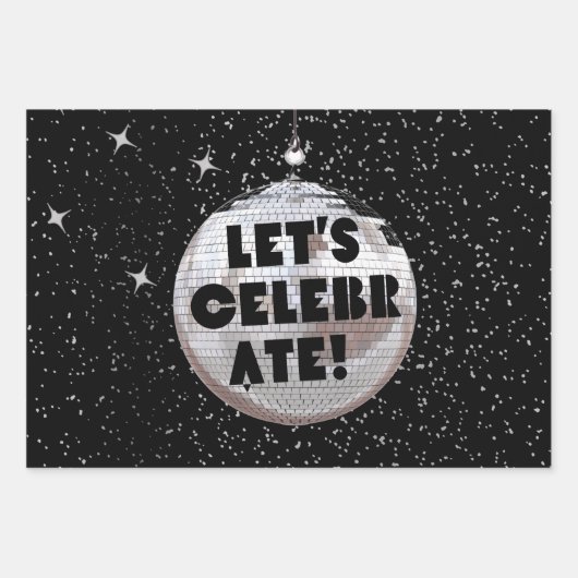 Retro Laten we verjaardag Disco Ball Zwart vieren Inpakpapier Vel (Voorkant)