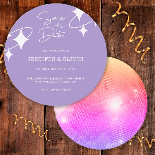 Retro Lavendel Disco Ball Bruiloft Save the Date Kaart
