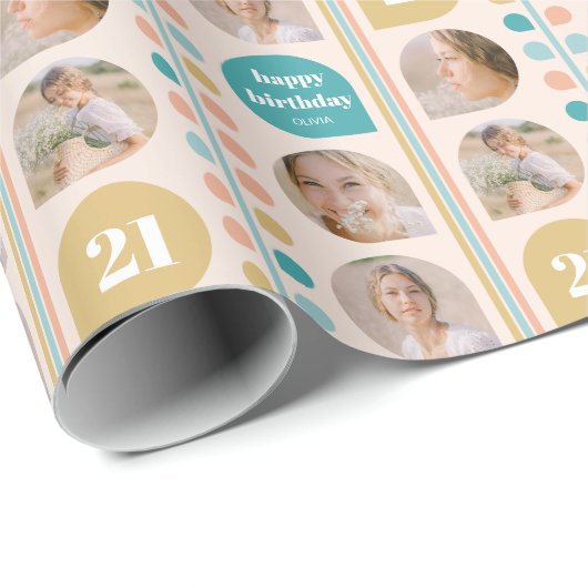 Retro Leaf Stem Custom Photo Birthday Cadeaupapier (Rol Hoek)
