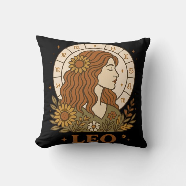 Retro Leeuw Zodiac Boho Bloem Astrologie Kussen (Voorkant)