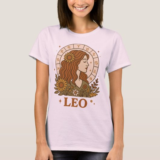 Retro Leeuw Zodiac Boho Bloem Astrologie T-shirt (Voorkant)