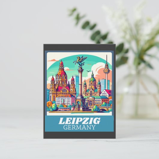 Retro Leipzig Skyline Briefkaart (Staand voorkant)