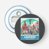Retro Leipzig Skyline Button Flesopener (Voorkant)