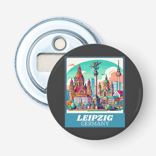 Retro Leipzig Skyline Button Flesopener (Voorkant)