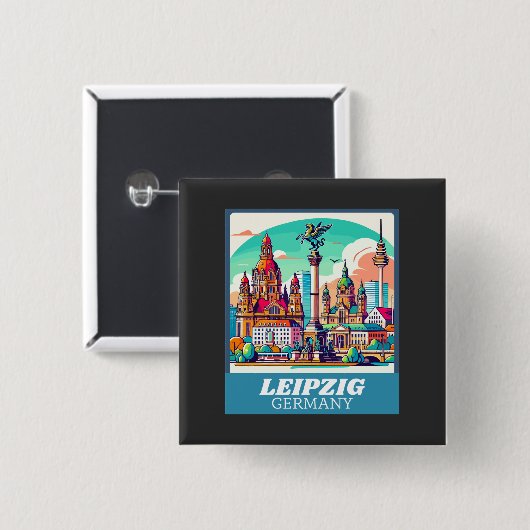 Retro Leipzig Skyline Vierkante Button 5,1 Cm (Voorkant /achterkant)