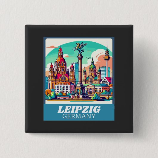 Retro Leipzig Skyline Vierkante Button 5,1 Cm (Voorkant)