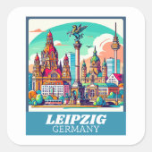Retro Leipzig Skyline Vierkante Sticker (Voorkant)