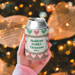 Retro lelijke kersttrui groen rode harten blikjeskoeler