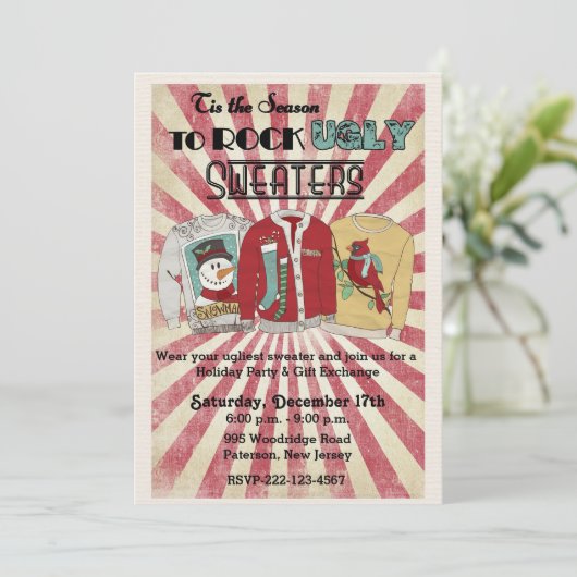Retro lelijke trui Kerstfeest uitnodiging (Staand voorkant)