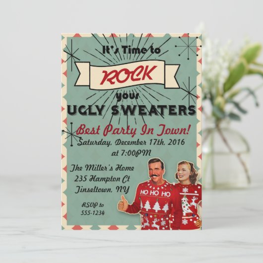 Retro lelijke trui Kerstfeest uitnodiging (Staand voorkant)