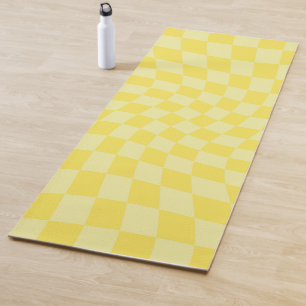 Retro Lemon Yellow Pastel Warped Checkerboard   Yogamat