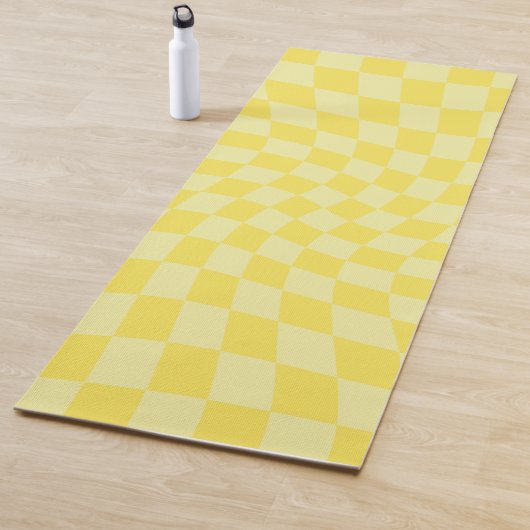 Retro Lemon Yellow Pastel Warped Checkerboard Yogamat (In situ)