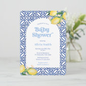 Retro Lemons Blue Tegels Boy Baby shower Party Kaart (Staand voorkant)