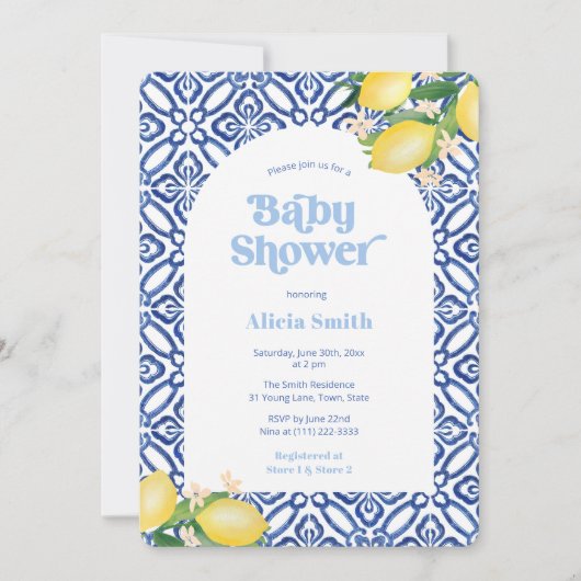 Retro Lemons Blue Tegels Boy Baby shower Party Kaart (Voorkant)