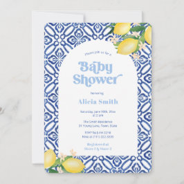 Retro Lemons Blue Tegels Boy Baby shower Party Kaart