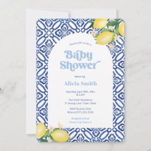 Retro Lemons Blue Tegels Boy Baby shower Party Kaart