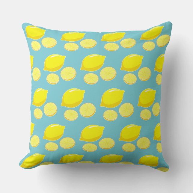  Retro Lemons Slict Patroongeel op Blauw Kussen (Voorkant)