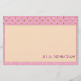 Retro Lente Handgetekende Roze Bloemen en Raster Briefpapier