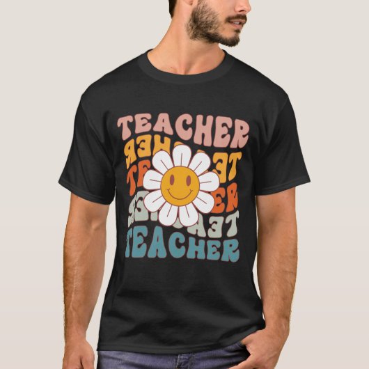 Retro leraar Daisy kleurrijke basisschool T-shirt (Voorkant)