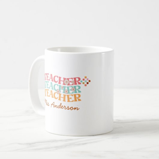 Retro leraar in kleurrijke jaren 70 stijl koffiemok (Voorkant links)