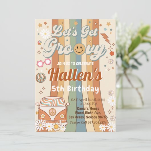 Retro Let's Groovy Boho Daisy Rainbow Birthday Kaart (Staand voorkant)