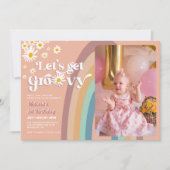 Retro Let's Groovy Daisy Rainbow Foto Verjaardag Kaart (Voorkant)