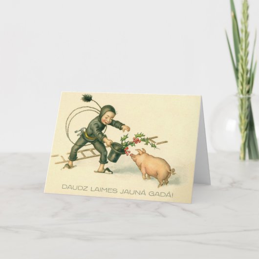 Retro Letslands Nieuwjaar Kaart met Varken en Scho (Voorkant)