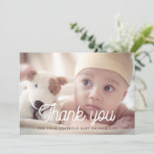 Retro lettertype baby shower dank u fotokaart bedankkaart (Staand voorkant)