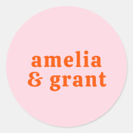 Retro Lettertype Oranje en Roze Moderne Trouwdag Ronde Sticker