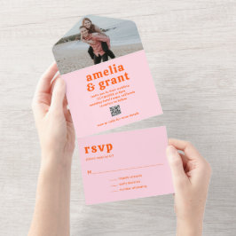 Retro Lettertype Oranje en Roze QR Code Foto Bruil All In One Uitnodiging