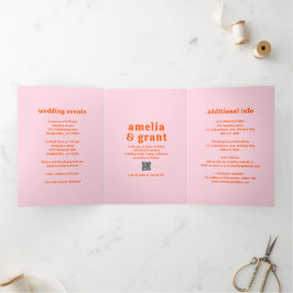 Retro Lettertype Oranje en Roze QR Code Foto Bruil Drieluik Uitnodiging