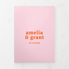 Retro Lettertype Oranje en Roze QR Code Foto Bruil Drieluik Uitnodiging