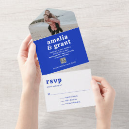 Retro Lettertype Saffierblauwe QR-code Moderne Bru All In One Uitnodiging