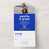 Retro Lettertype Saffierblauwe QR-code Moderne Bru All In One Uitnodiging (Binnen)