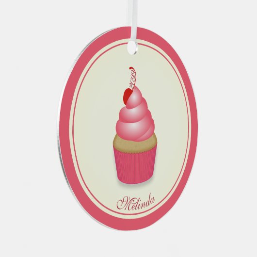 Retro Leuk Roze Cupcake Een Naam Datum Metalen Ornament (Voorkant Rechts)