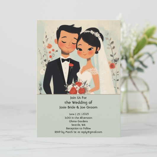 Retro leuke Aziatische liefde bruiloft uitnodiging (Staand voorkant)