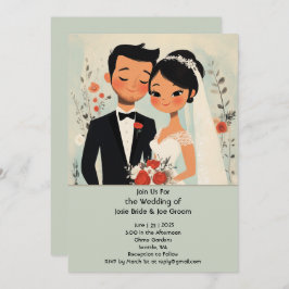 Retro leuke Aziatische liefde bruiloft uitnodiging