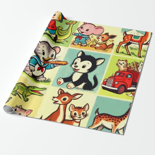 Retro Leuke Dieren Comics Cadeaupapier (Uitgerold)