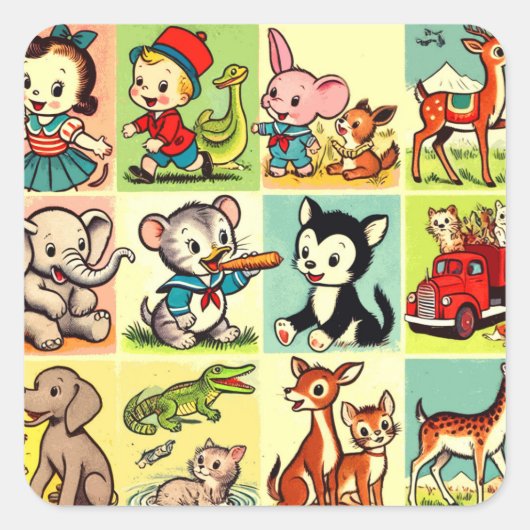 Retro Leuke Dieren Comics Vierkante Sticker (Voorkant)