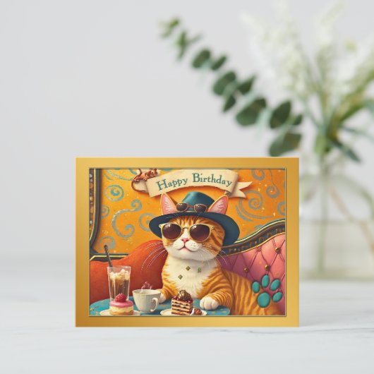 Retro Leuke Kat en Taart Verjaardag Briefkaart (Staand voorkant)