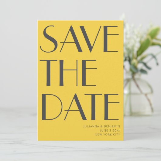Retro Levendige Gele Art Deco Redactionele Chique  Save The Date (Staand voorkant)