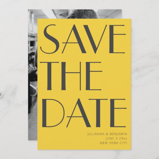 Retro Levendige Gele Art Deco Redactionele Chique  Save The Date (Voorkant / Achterkant)