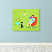 Retro Lezing Vrouw Uitgerekt Canvas Print (Insitu (Houten vloer))